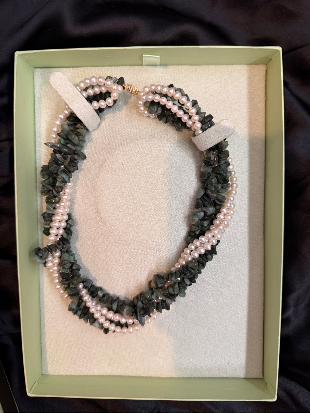 NWT Ross-Simons Pearl and Dark Green Stone Twist Necklace